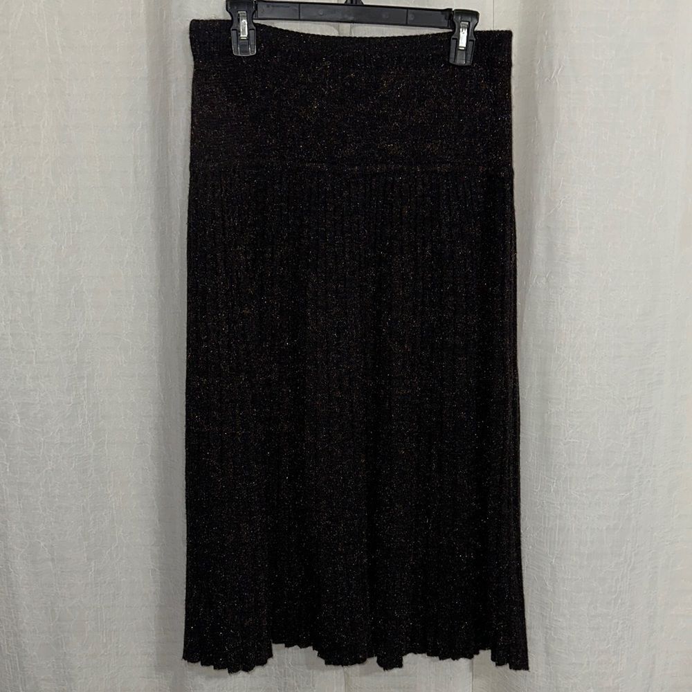Vintage L Black Multi Shimmery Metallic Drop Waist Micro Pleated Knit Maxi